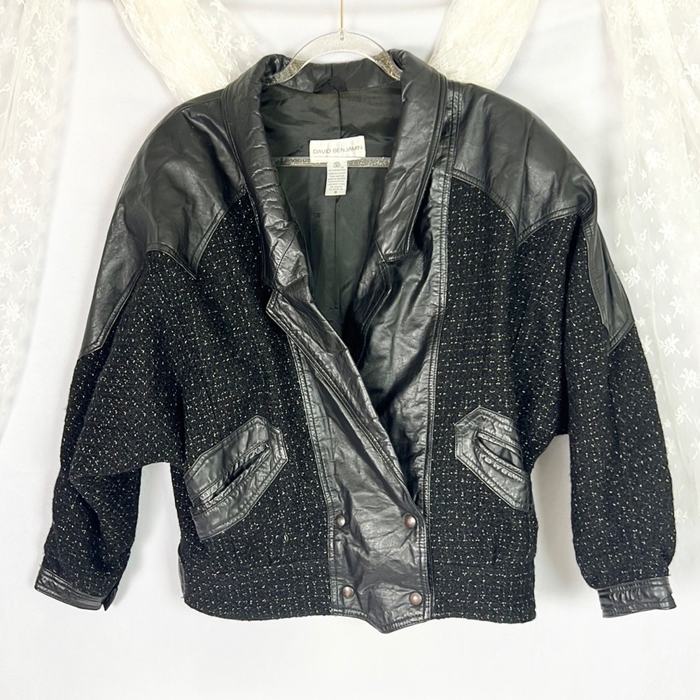 DAVID BENJAMIN |🖤 VINTAGE 80s!! 🖤 Black Mixed Media Wool Leather Batwing Jacket